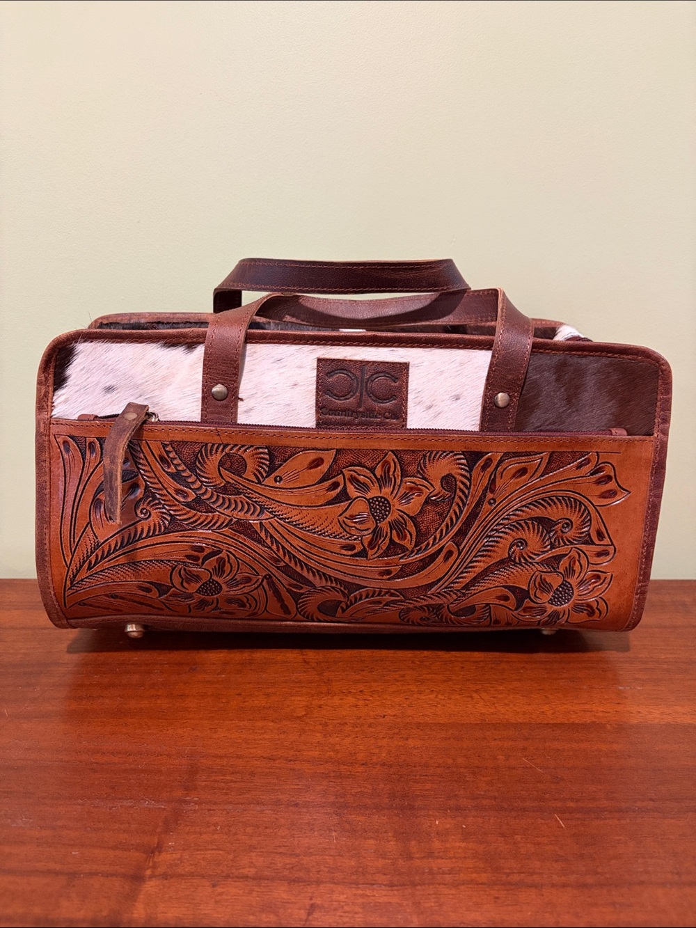 Countryside Co. Brown Tooled Leather & Cowhide Carry Bag
